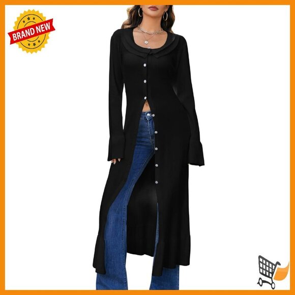 Sweaters - Maxi Cardigan Sweater Duster Button Down Scoop Collar Bell Sleeve